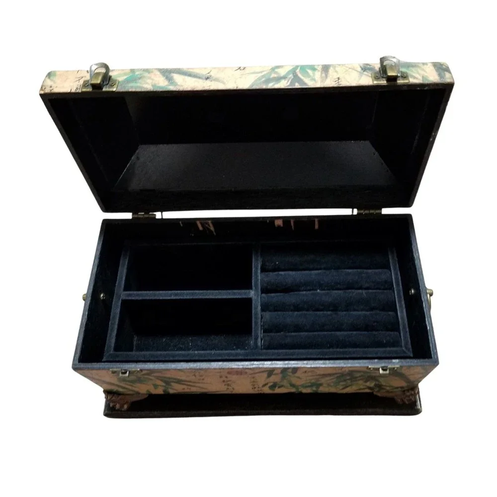 Vintage Wooden Jewelry Box with Asian Bamboo Detail Design Claw Feet on Base